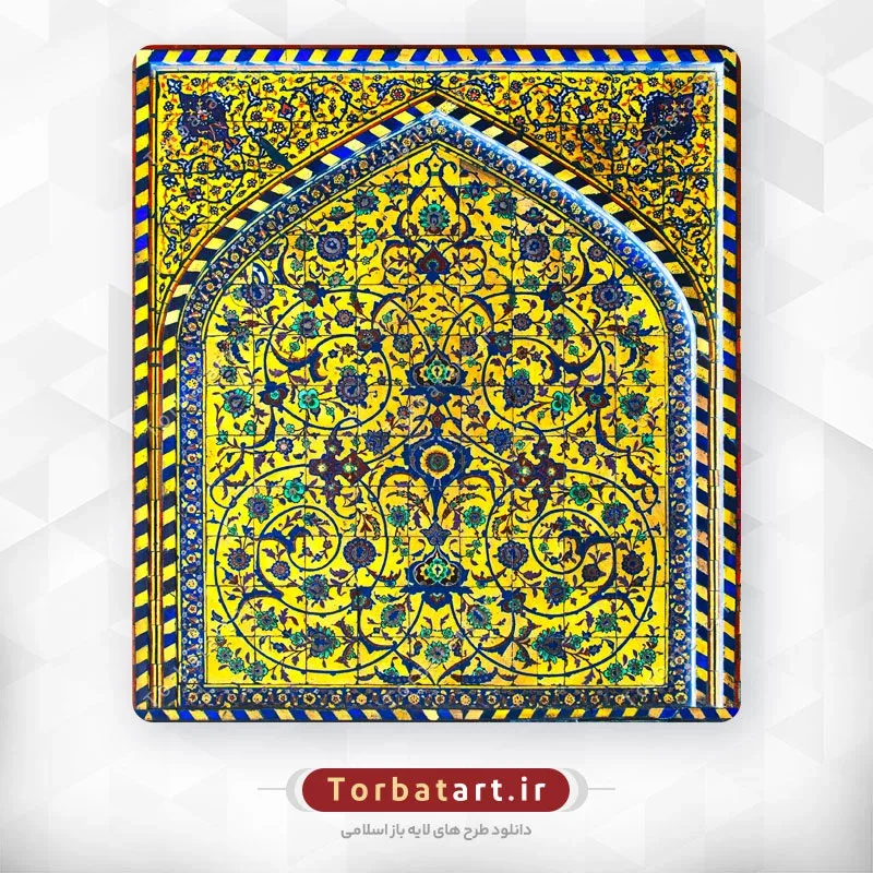 عکس کاشی کاری اسلیمی محراب با پس زمینه زرد